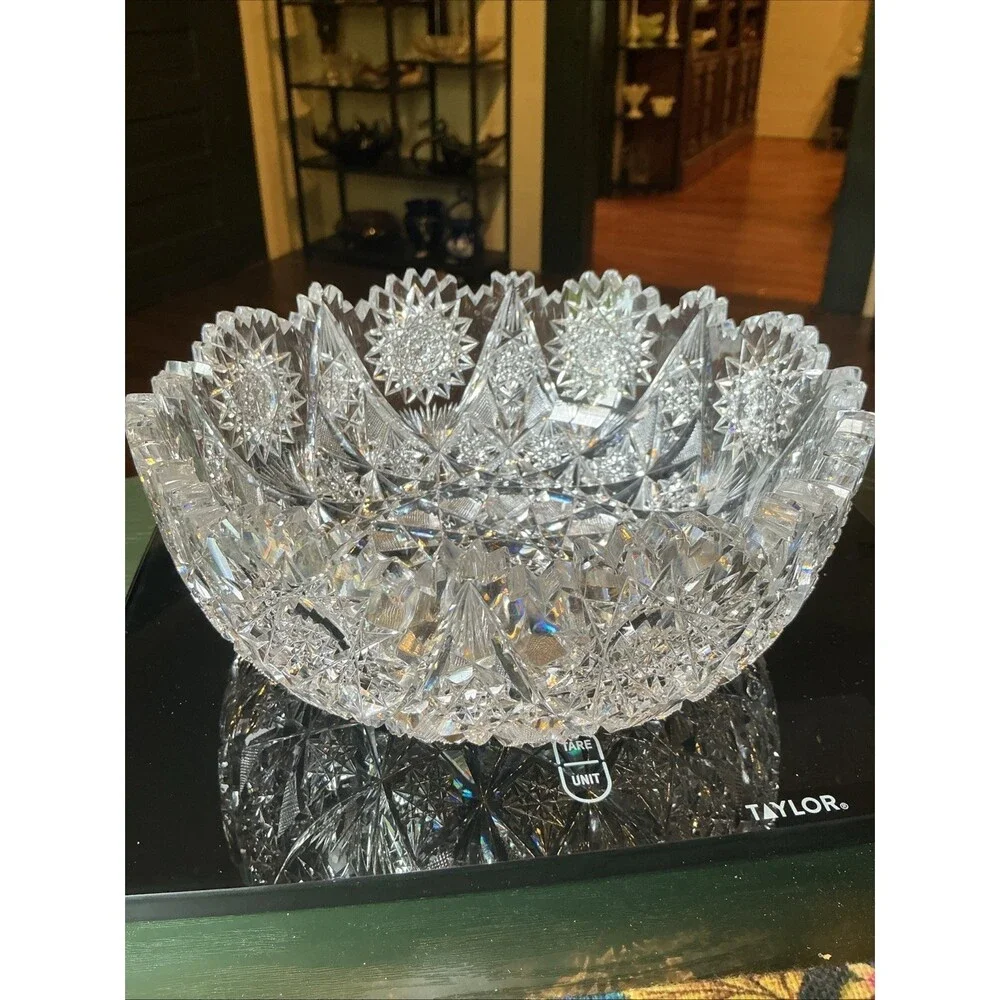 American Brilliant Lead Cut Glass Bowl 8.25 Inch Clear Antique Sawtooth Edge